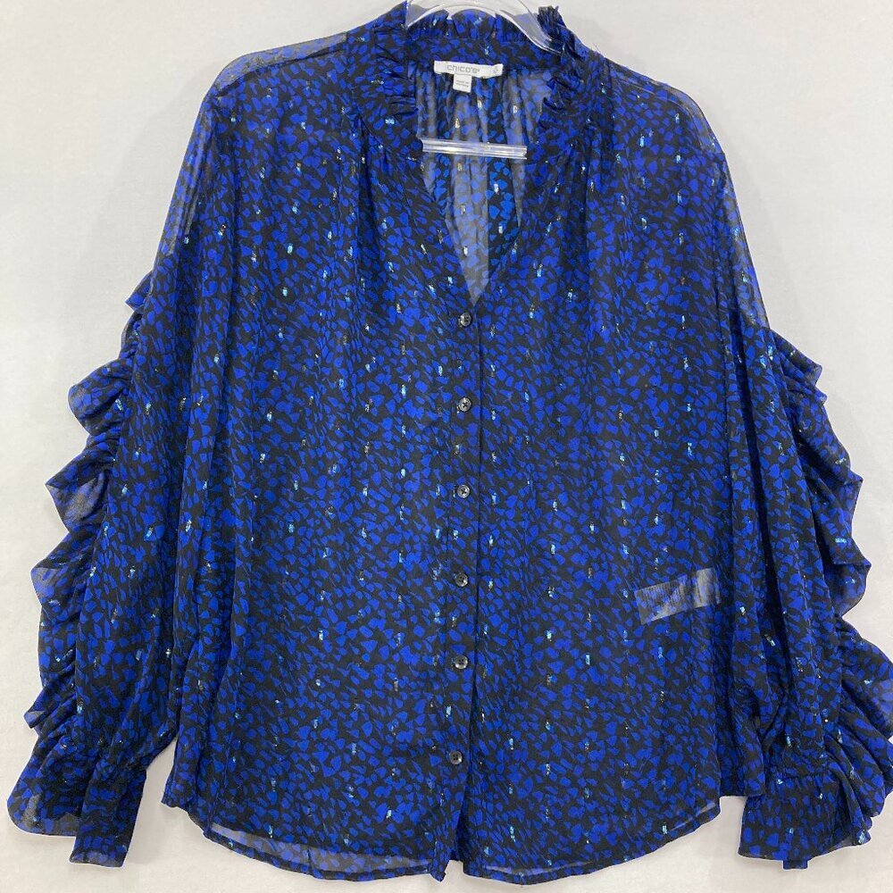 Chico's size 16 Black Blue Abstract Print Ruffle Sheer Swiss Dot Button Down - Picture 3 of 12